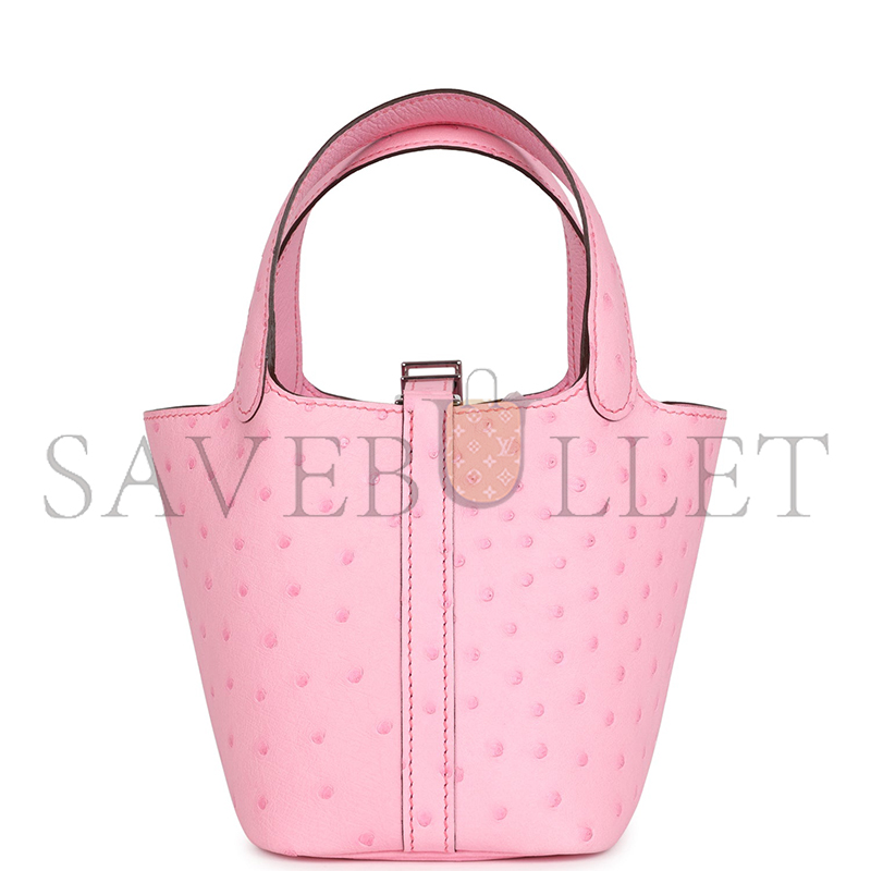 H**mes MASTER MICRO PICOTIN LOCK 14 BUBBLEGUM OSTRICH PALLADIUM HARDWARE (14*12*10cm)